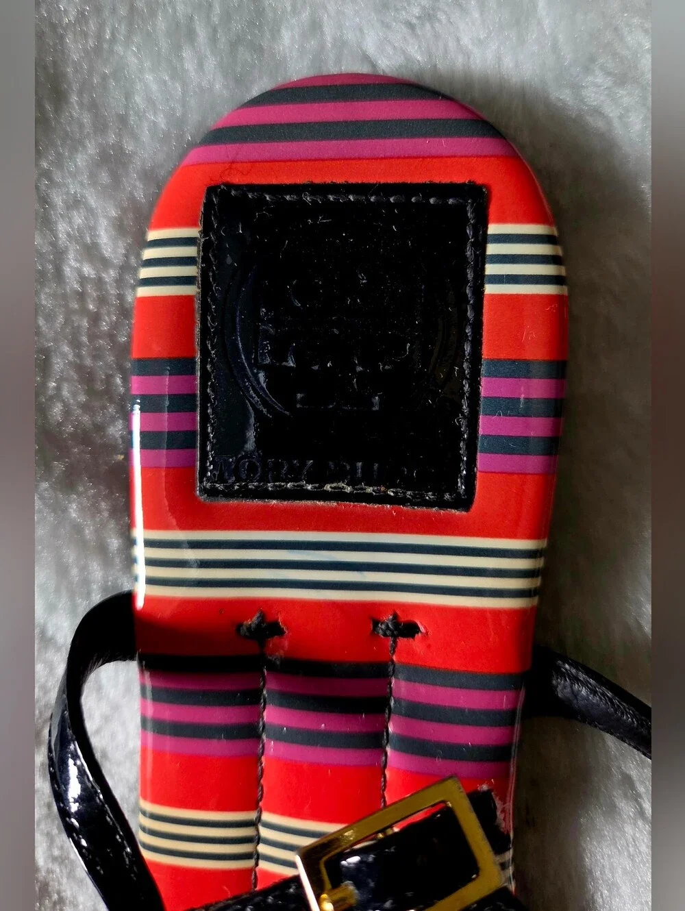 Tory Burch Red Striped Footbed Navy Patent T-Strap Sandals
